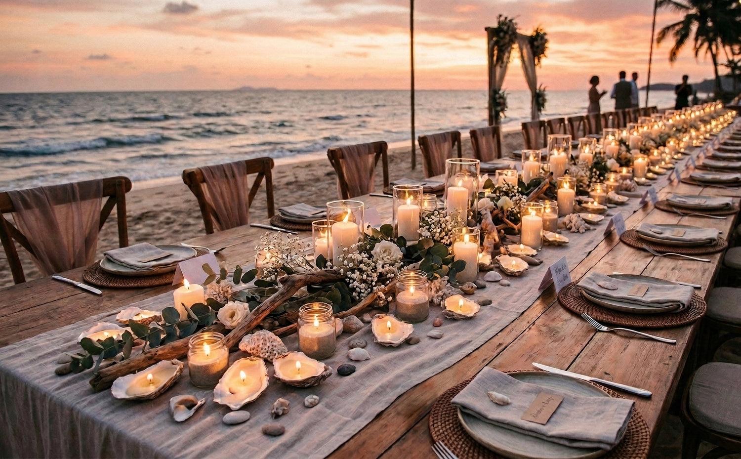 A long wooden dinner table on the beach, set with candles and flowers at sunset