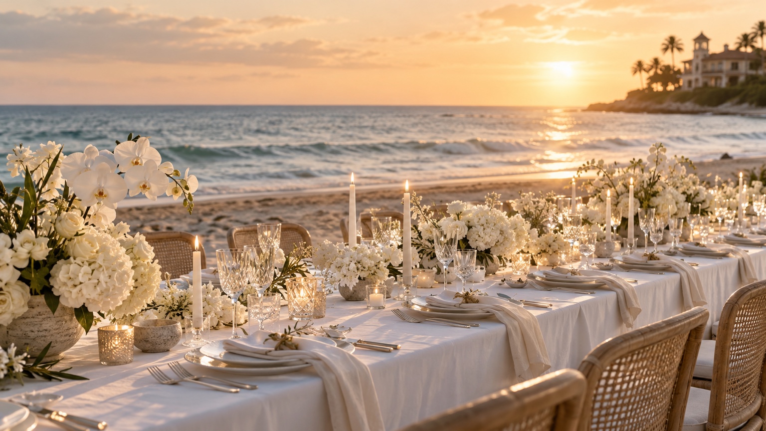 A long white-linen dinner table with white flowers overlooking the ocean at sunset
