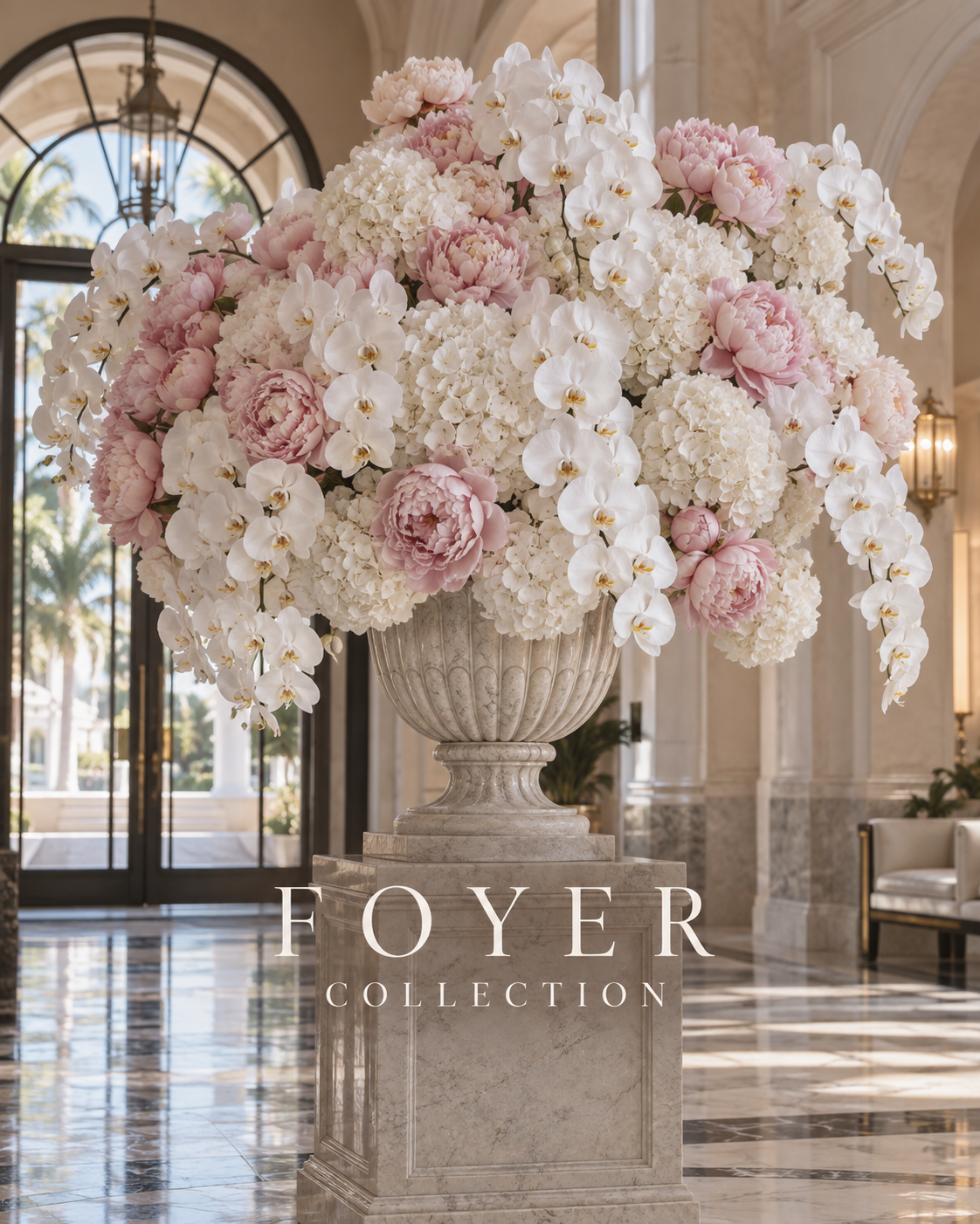 The Foyer Collection: a sculptural arrangement of white orchids, hydrangeas and blush peonies